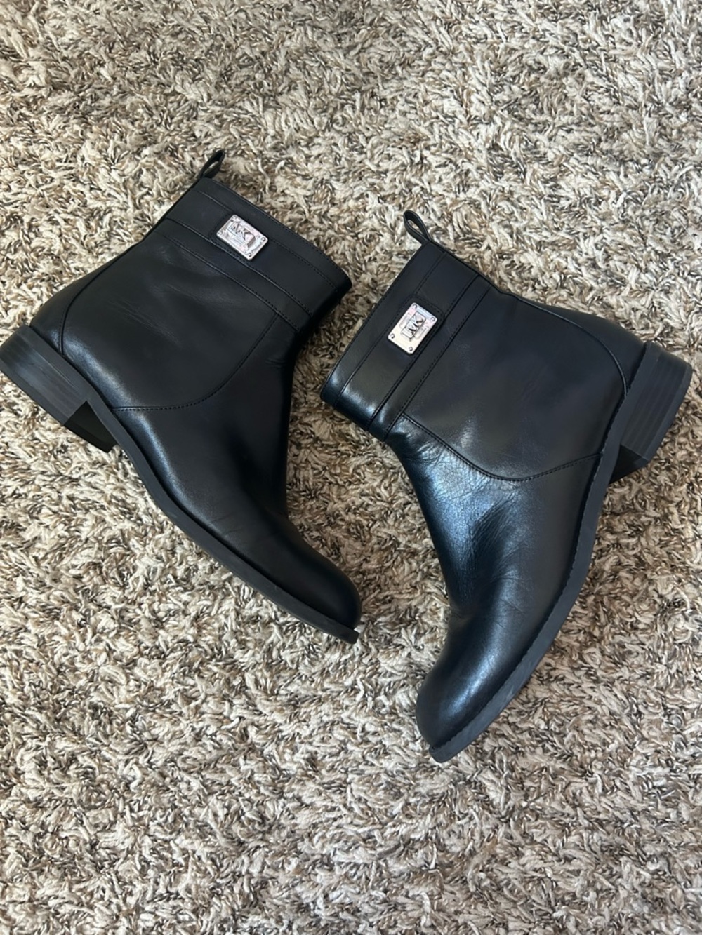 Michael Kors Black Leather Ankle Booties with Silver Logo Plaque